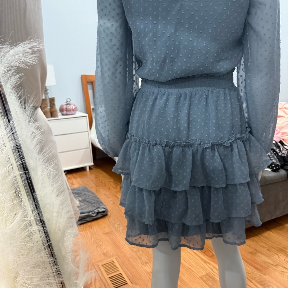 Express Blue Long Sleeve Ruffle Dress - Picture 3 of 3